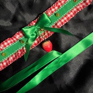 Green Satin Ribbon Choker with Strawberry Pendant